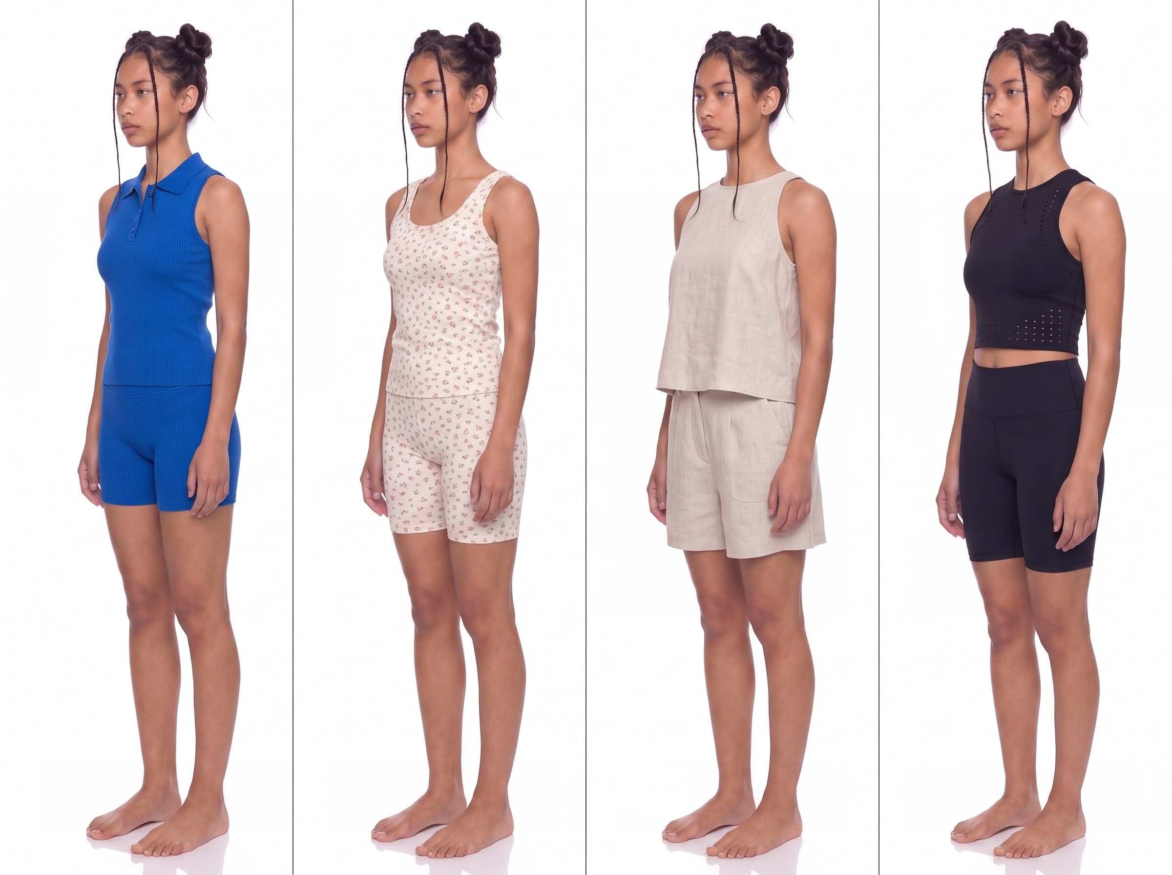 The same model produced across four looks with identical pose, framing and lighting, showing consistent treatment