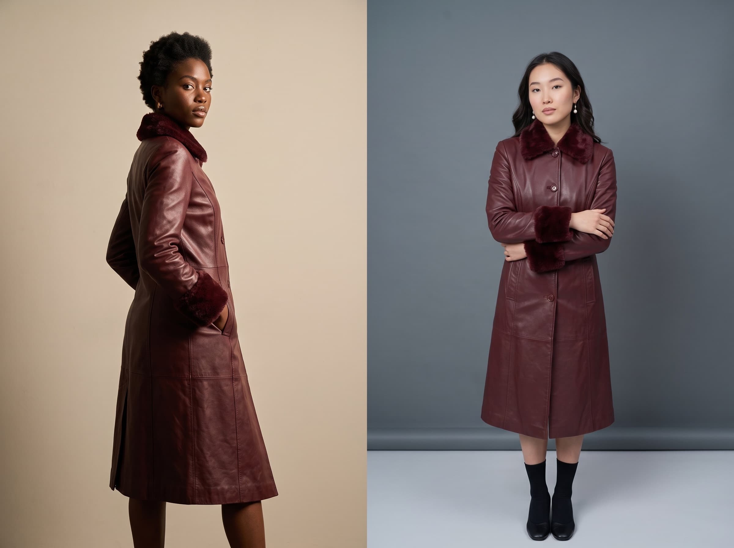 The same burgundy fur-trimmed leather coat on two models against different backdrops, shot in two separate sessions