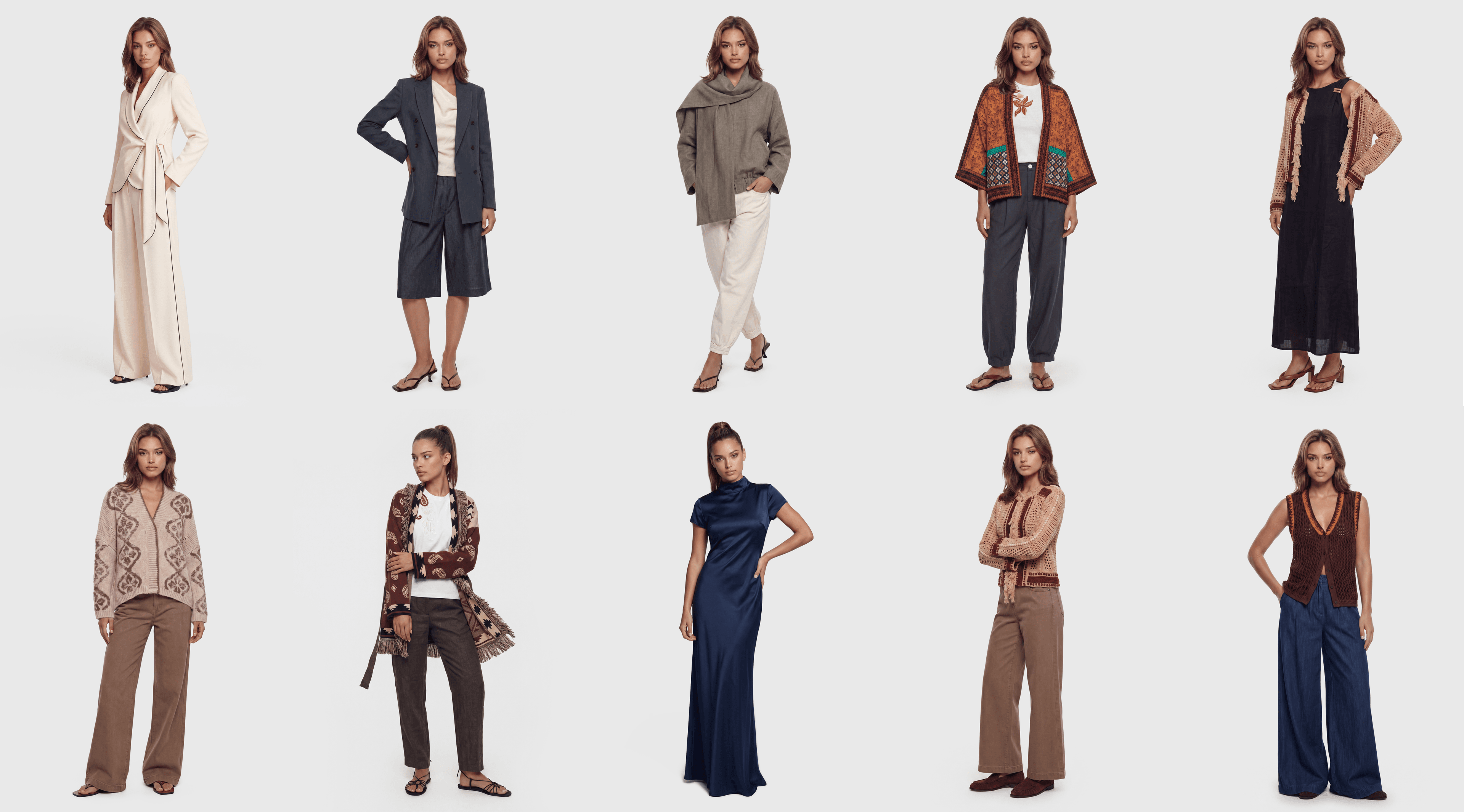 The same identity across several drops and garment types: one face, one brand, seasons apart