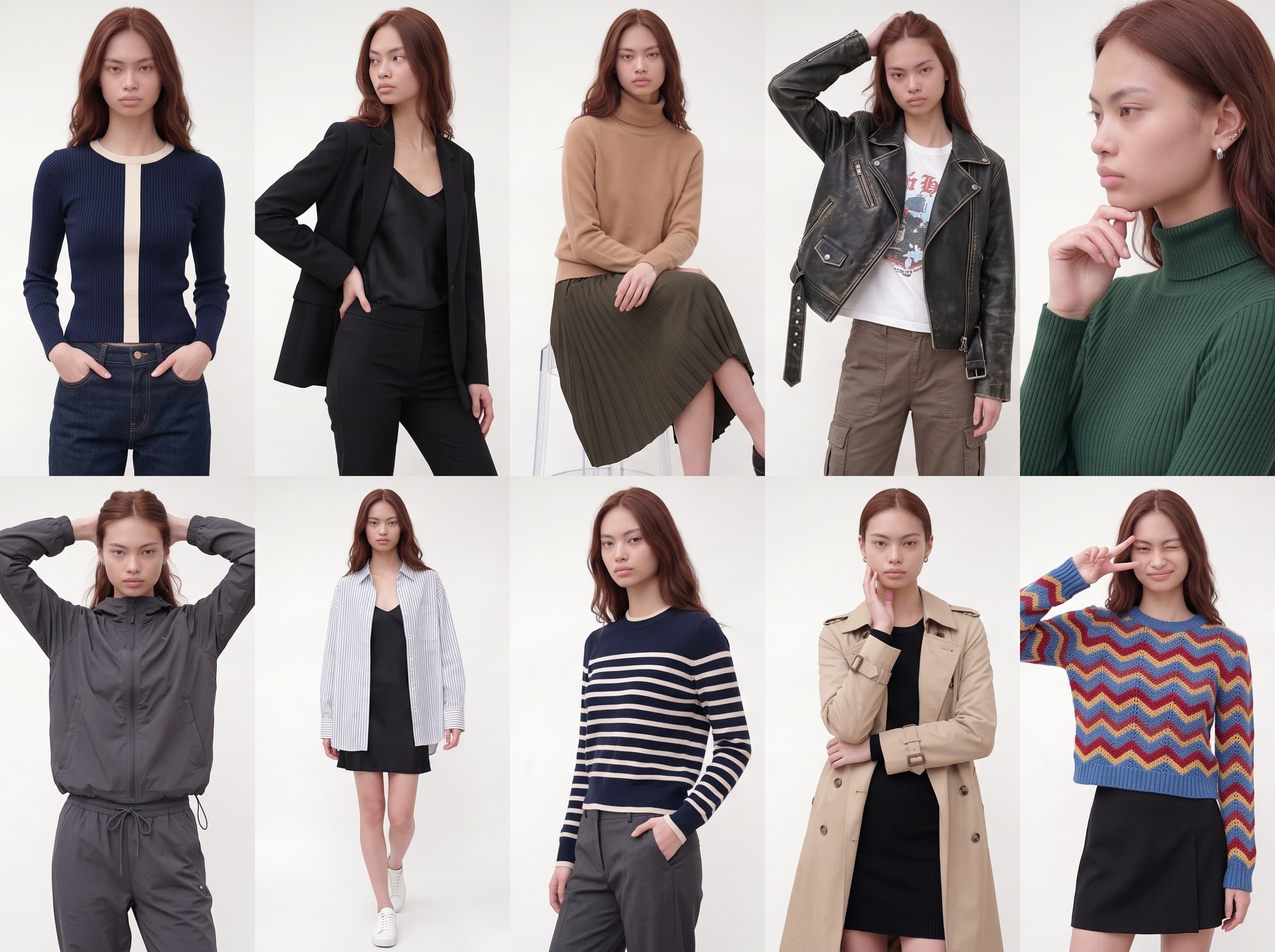 A production contact sheet: one model across ten looks, from knitwear to tailoring to outerwear