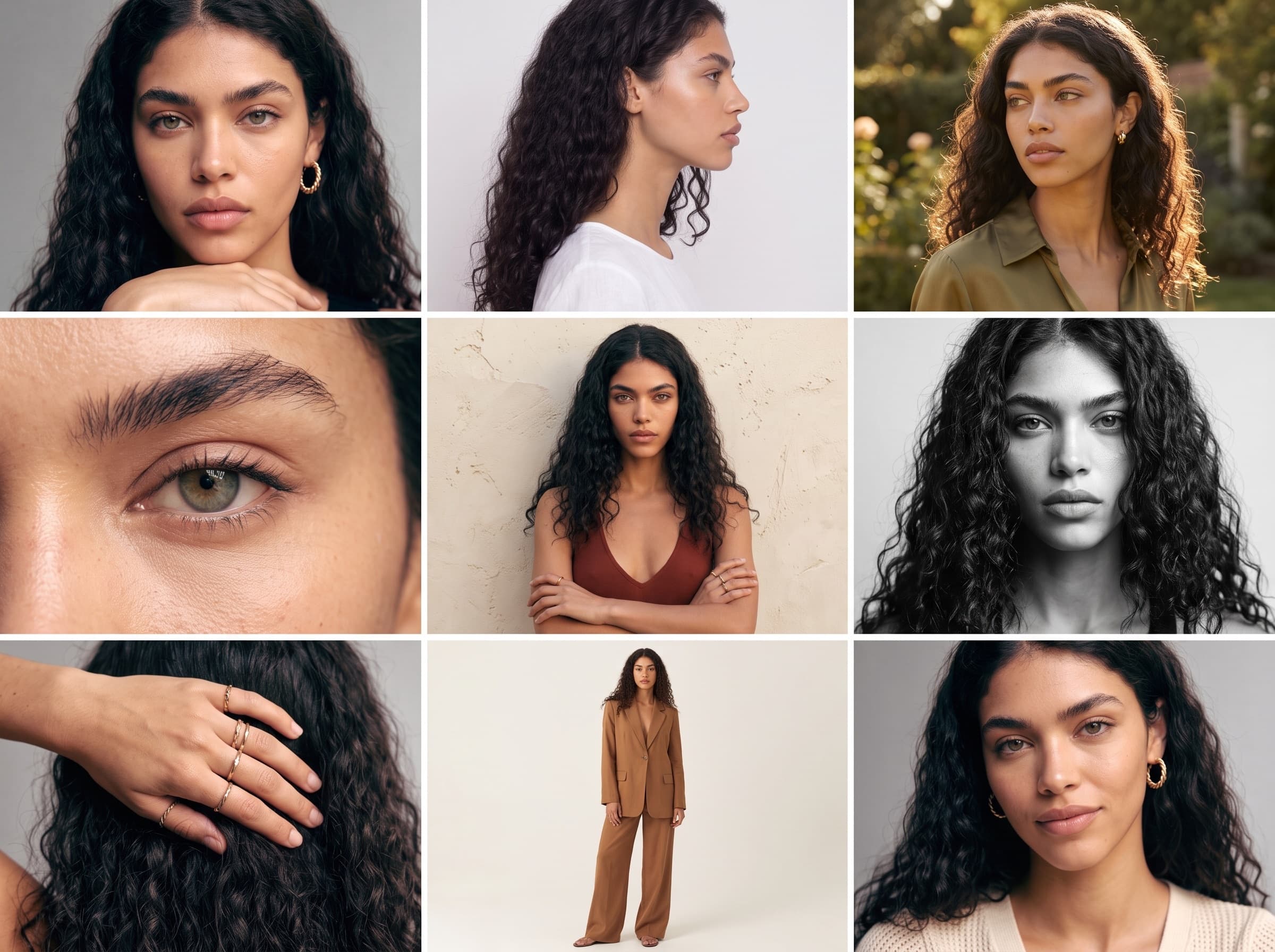 One generated model shown across many crops and angles: portraits, profile, eye and hand details, and a full-length look