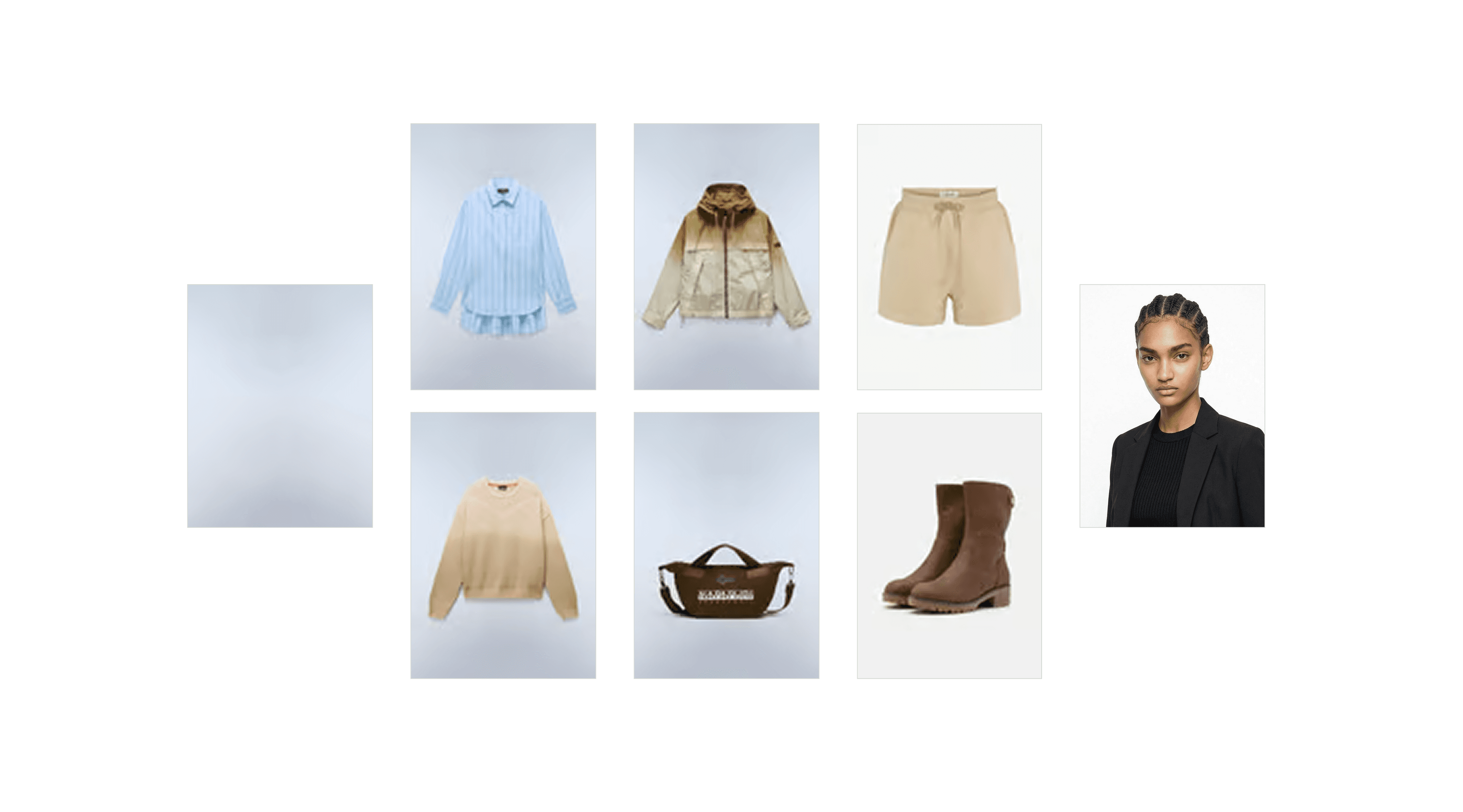 A brand book styling board: garments, accessories and a model reference