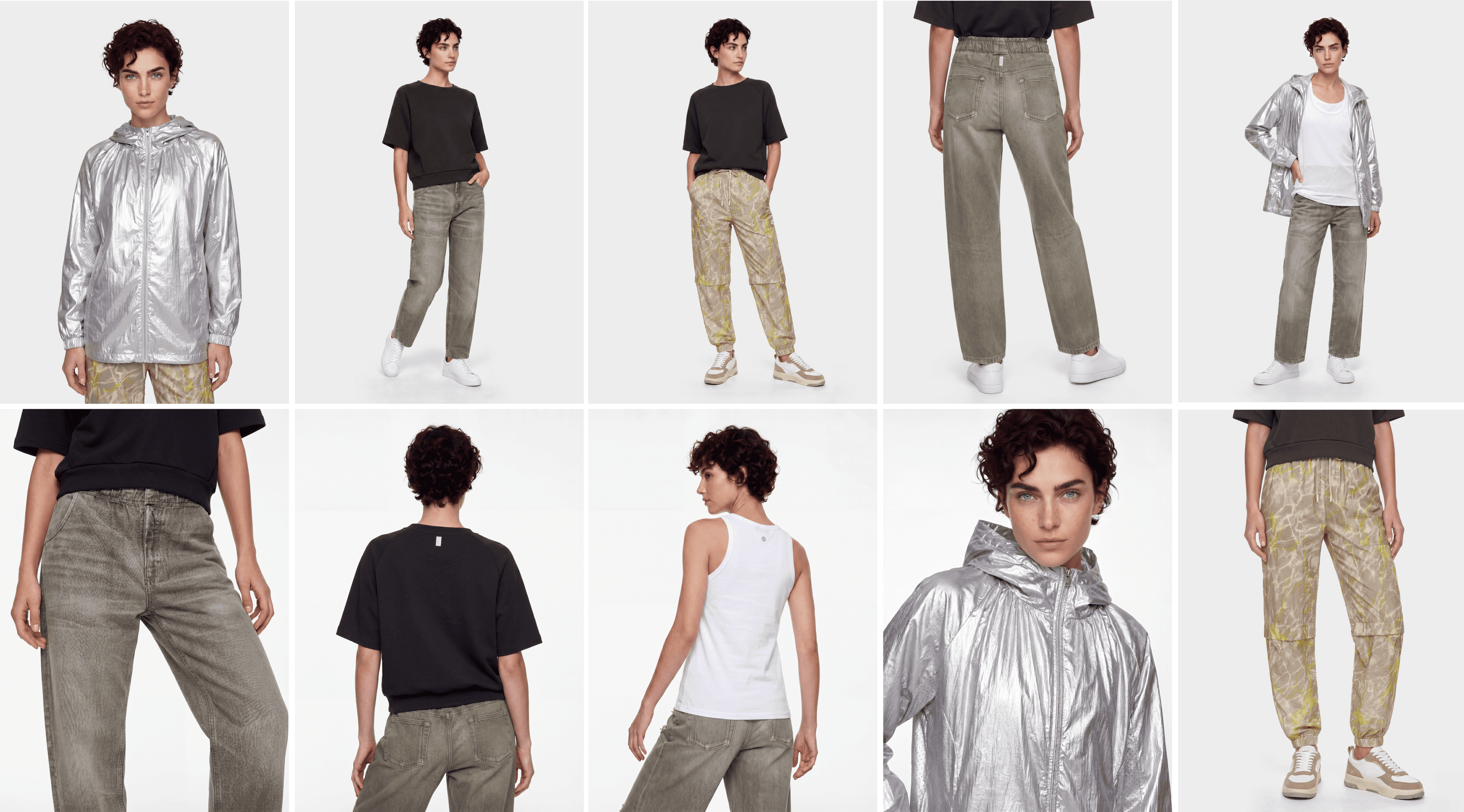 Test shooting contact sheet: ten looks of one model across garments and views