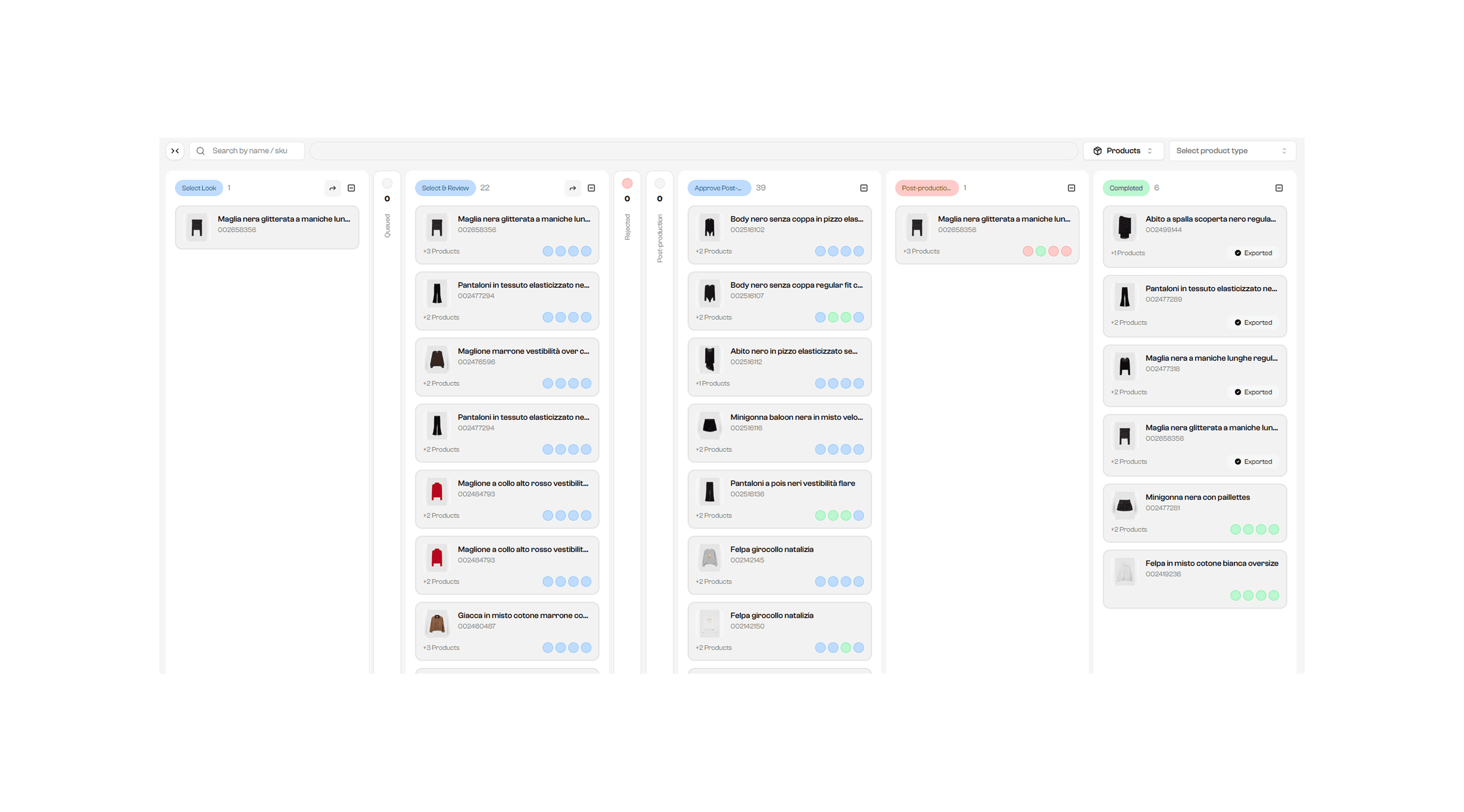 The production board: products moving across Select Look, review, post-production, approval and completed columns