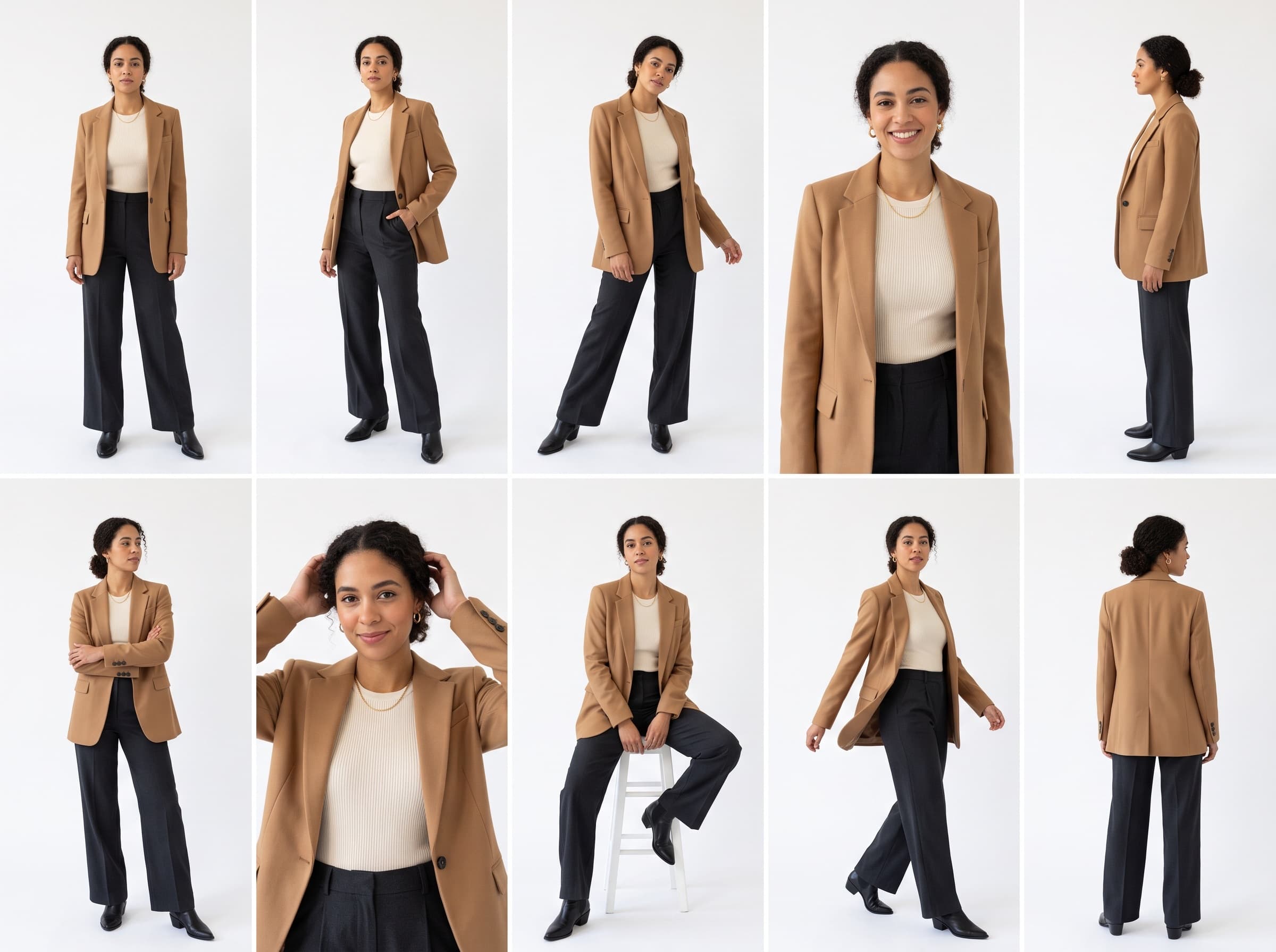 A test shooting contact sheet: ten looks of one model across poses and framings