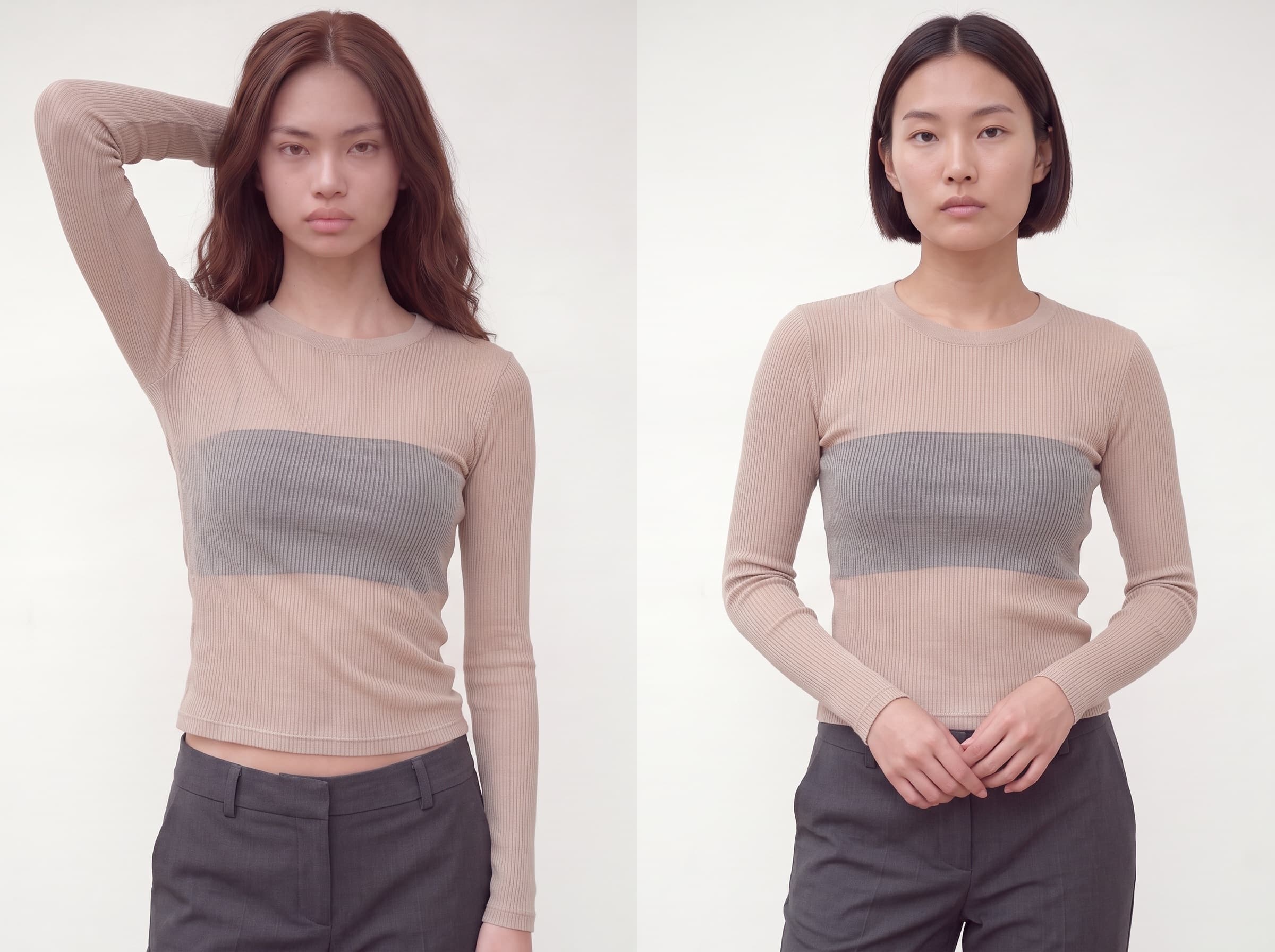 The same ribbed top produced on two different models weeks apart, side by side, indistinguishable in quality