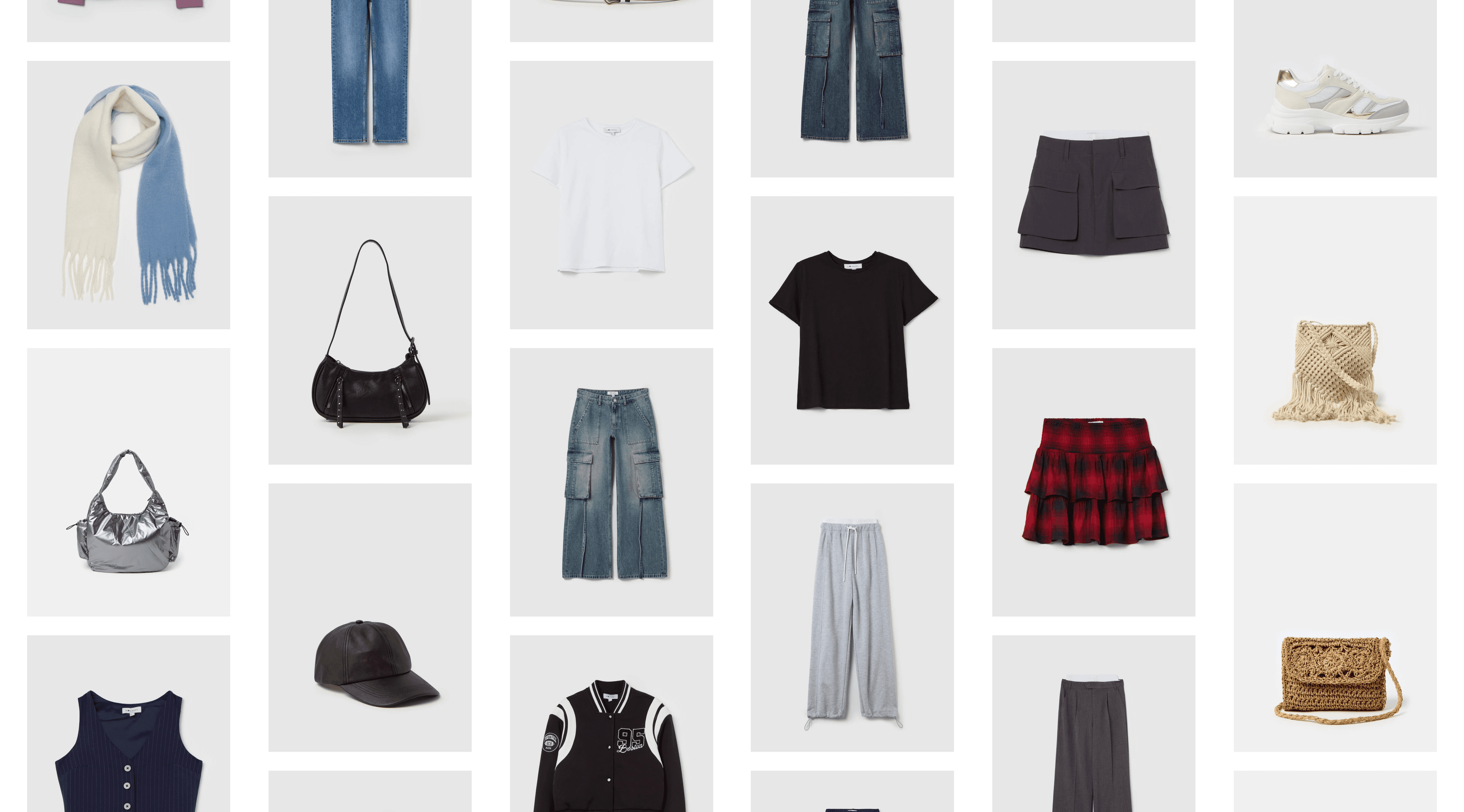 A representative sample of products laid out as a catalogue grid: garments, shoes and accessories